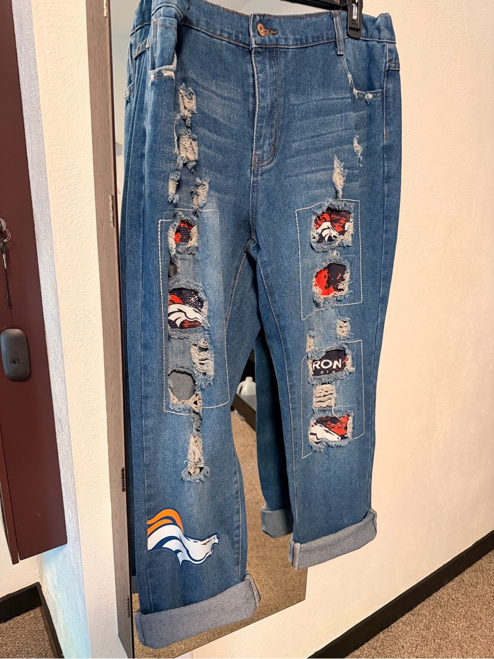 Women’s Denver Broncos Distressed Blue Denim Patchwork Jeans